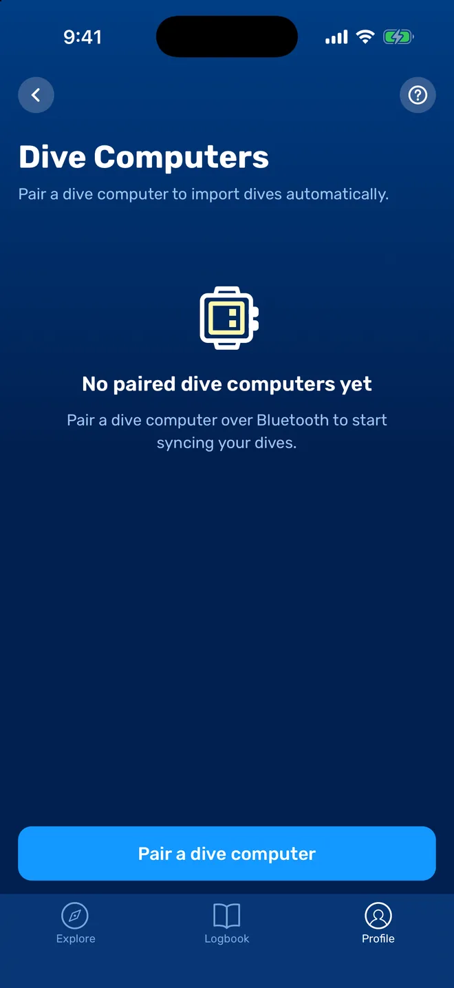 Dive Computers screen in Seabook with a Pair a dive computer button