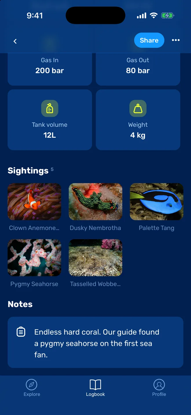 Dive log entry showing gas pressures, tank volume, weight, species sightings and notes