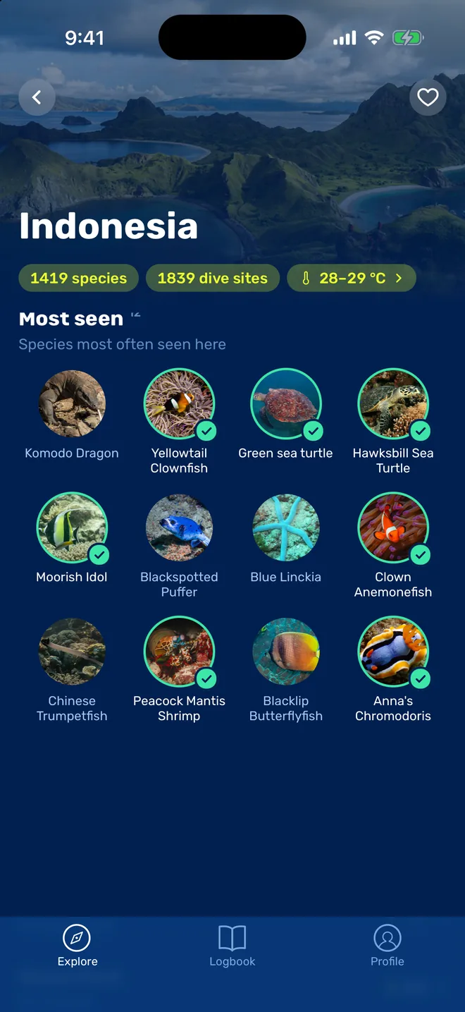 Indonesia location page listing dive sites, water temperature and most seen species