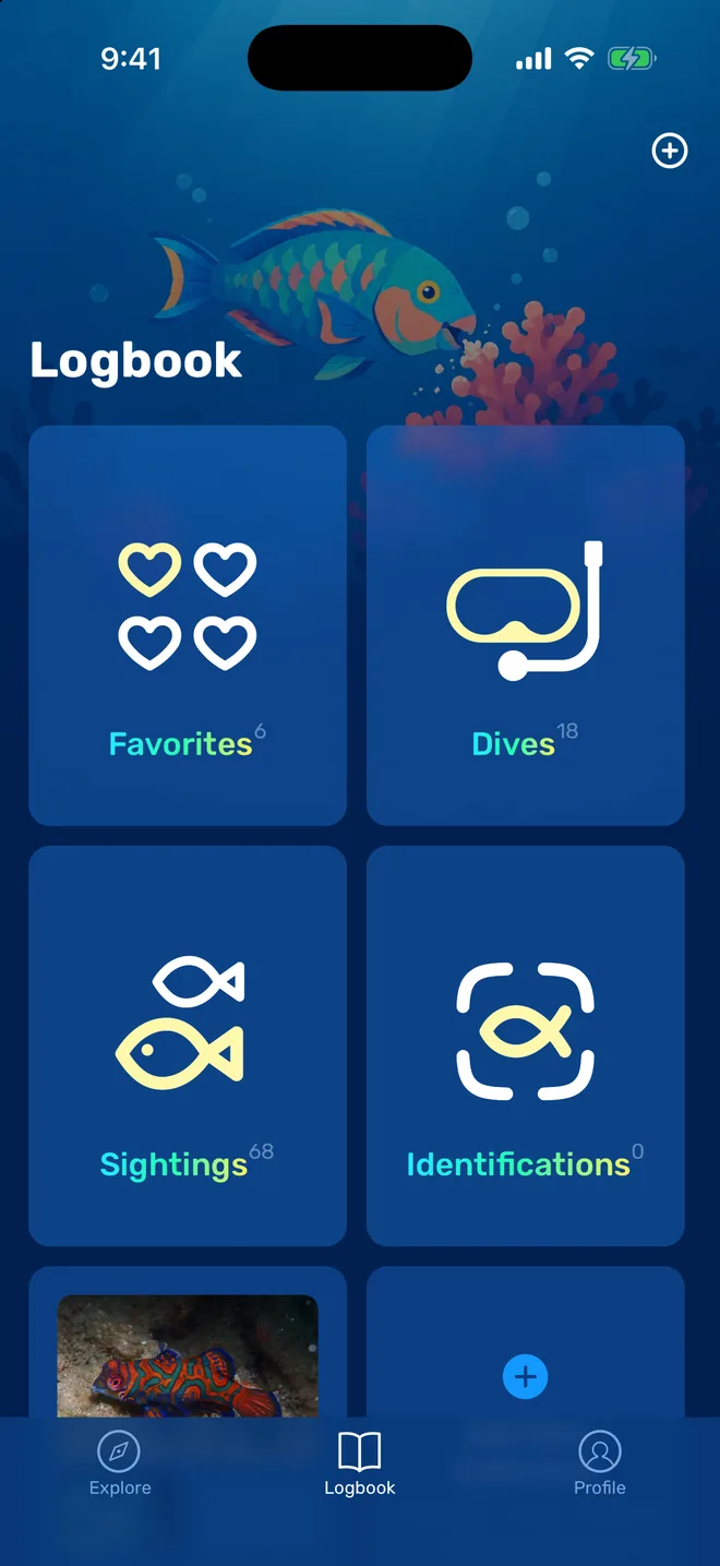Seabook logbook home with dives, sightings, favourites and identifications
